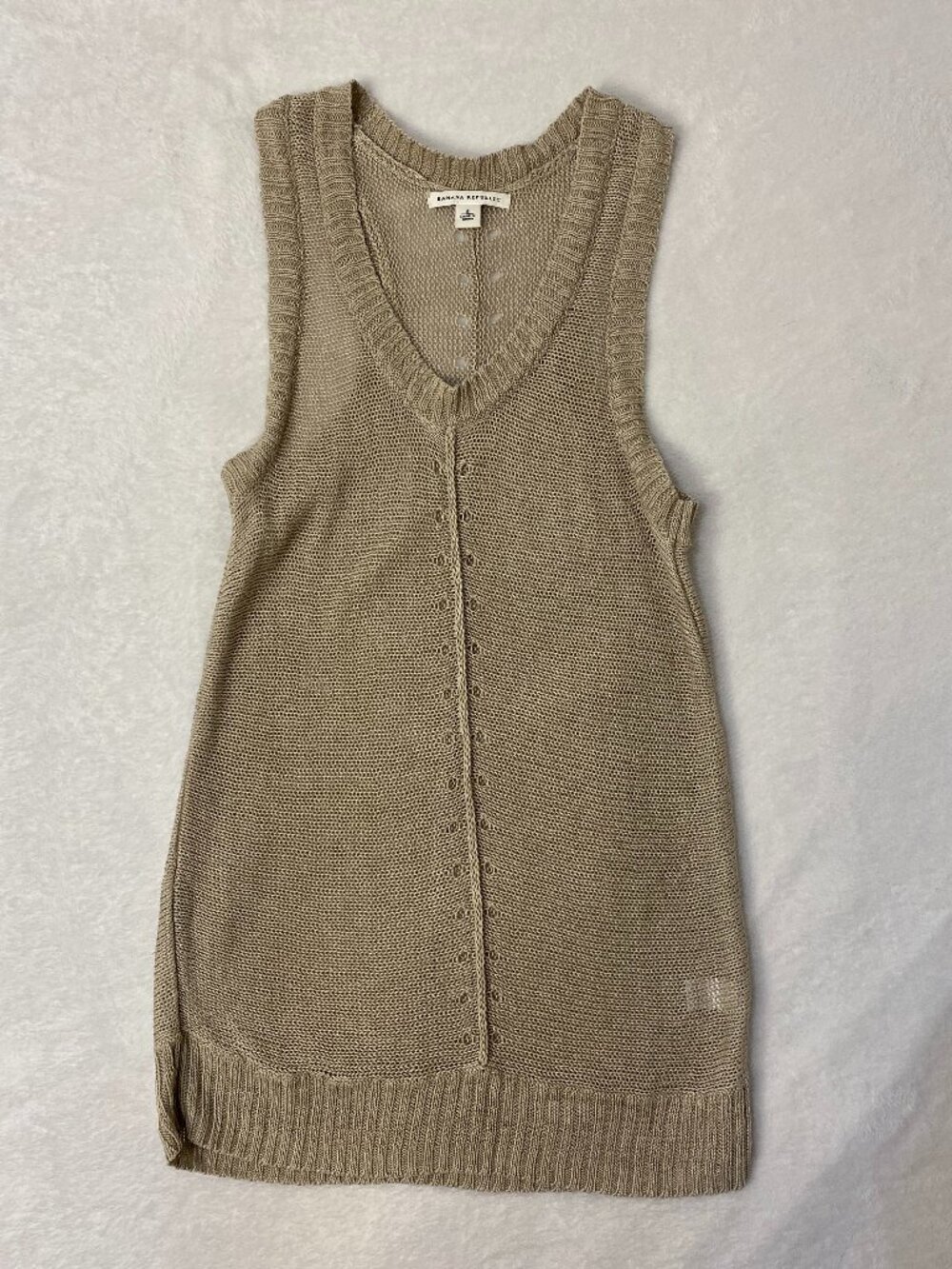 Banana Republic Tan 100% Linen Mesh Knit Tunic Tank Top Size Small Boho Whimsy